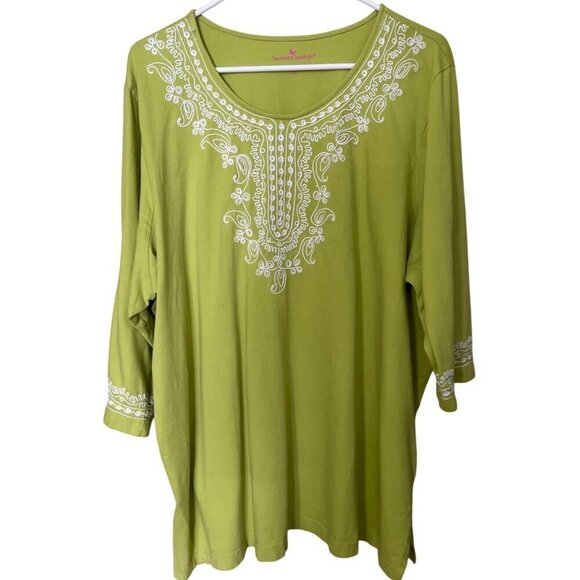 Woman Within Lime Green Embroidered 3/4 Sleeve Tunic Top Size 2X Boho Lagenlook - Picture 1 of 11